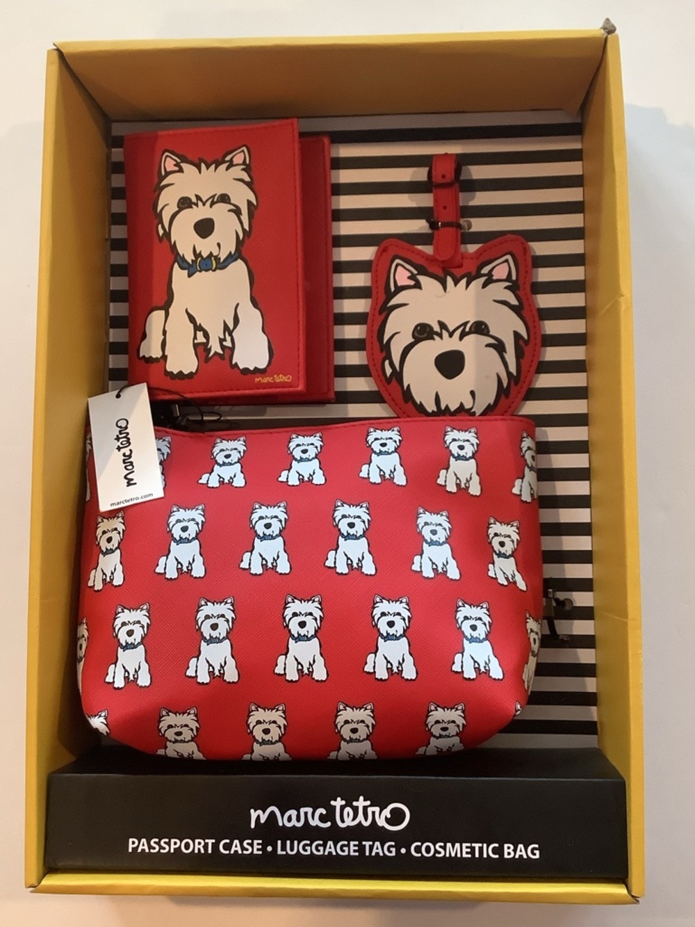 Marc Tetro Westie Travel Set Cosmetic Bag Passport Case Luggage Tag New
